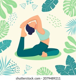 Young woman in Raja Kapotasana posture or King Pigeon Pose. Female cartoon character practicing yoga. Yogi girl performing physical activity isolated on light background. Flat vector illustration.