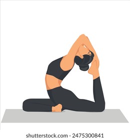 Young woman in Raja Kapotasana posture or King Pigeon Pose. Yogi girl performing physical activity isolated on light background. Flat vector illustration.