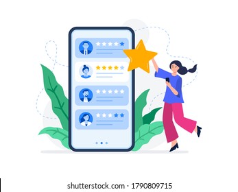 A young woman rating feedback of customers. Useful reviews for customers. Choice rating review app, customer reviews. Trendy vector flat illustration.