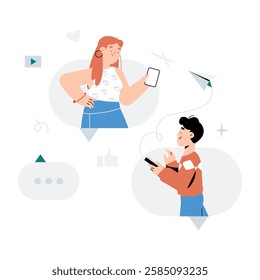 Young Woman Reacting To A Message From A Young Man In Flat Vector Illustration Symbolizing Online Communication, Social Media Interaction, And Digital Messaging, Isolated On White Background
