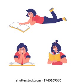 A young Woman read a book, set icon.  Concept of online reading or library, e book, book club, online education. Vector  illustration for banner, flyer, ad
