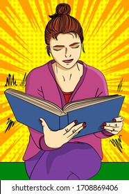 Young woman reading a big book alone with comic book style background. Home education concept.