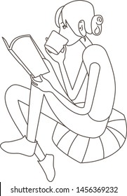 Young woman reading book alone. Flat style vector illustration. Illustrations of a beautiful girl sitting and reading a book.