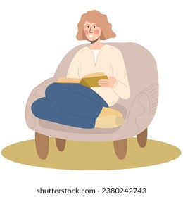 Young woman reading book in armchair. Cozy home scene with armchair and book.