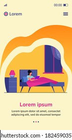 Young woman reading book before going to sleep. Girl resting in bed near bedside lamp and window at night. Vector illustration for bookworm, literature, hobby concept