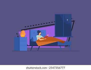 Mujer joven que lee el libro antes de ir a dormir. Niña descansando en la cama cerca de la lámpara de noche y la ventana por la noche. Ilustración vectorial para bookworm, literatura, concepto de hobby