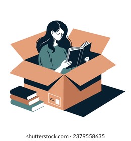 Young woman reading book in box. Isolated woman reading a book. Reading time. Young woman self isolation in her home.