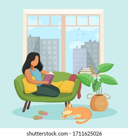 Young woman reading book by the window. Cozy weekend spent at home, relax, hobby. Flat vector illustration.