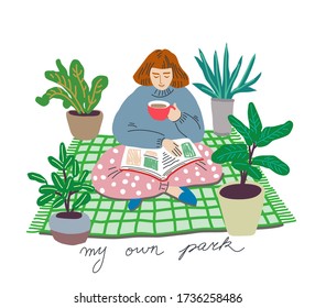 Young woman reading book with a coffee on the carpet at home. She surrounded herself with plants and dreams of picnics in the park. Vector concept illustration of self-isolation.