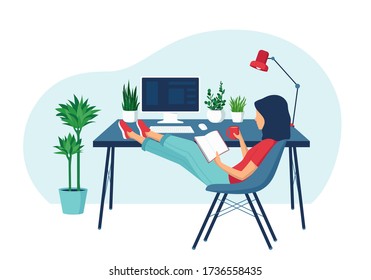 A young woman is reading a book at a computer desk. The concept of working time planning, rest from work. Remote work from home, freelance, organization of the workplace. Flat vector illustration.