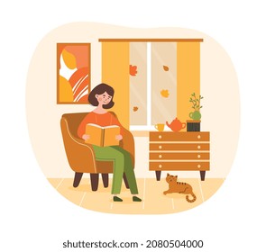 Young woman reading book concept. Female character sitting in comfortable chair and enjoying cozy autumn atmosphere. Girl in warm clothes loves literature. Cartoon modern flat vector illustration