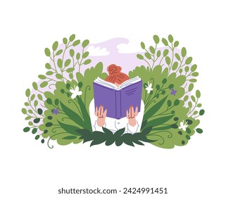 Mujer joven que lee el libro con gozo y gran interés. Caricatura de personaje de amante de la lectura femenina detrás de un libro ilustración vectorial. Educación, concepto de autodesarrollo sobre fondo floral