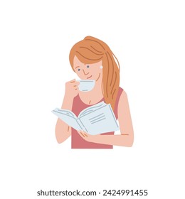 Young woman reading book with enjoy and great interest and drink from cup. Cartoon book lover female character vector isolated illustration. of education, self development