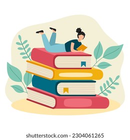 Young woman reading book in flat design. Bookworm. I love reading.