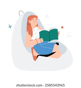 Young Woman Reading A Book In Flat Vector Illustration Symbolizing Learning, Relaxation, And Knowledge Absorption, Isolated On White Background