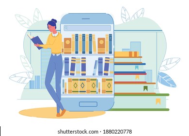 Young Woman Reading Book. Girl Student Standing by Huge Smartphone with Bookshelf. Online Library and Digital Bookstore. E-Learning and E-Book. Electronic Lib Resource. Vector Illustration