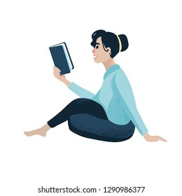 Young woman reading book hand drawn flat vector illustration. Girl sitting on floor in profile female cartoon character. Student, freelancer. Working at home clipart. Isolated color design element