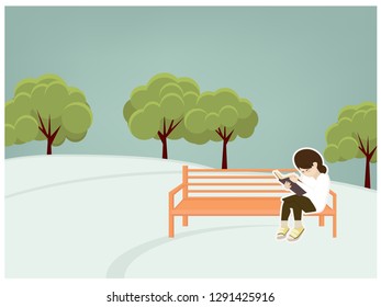 Young woman reading book hand drawn flat vector illustration. Girl sitting cartoon character.  