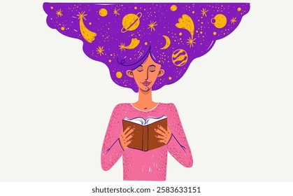 Young woman reading a book and having some fantasies, vector illustration of a girl with open book in her hands, fiction literature concept, personal development.