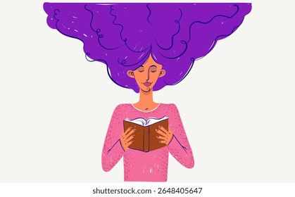 Jovem lendo um livro e tendo algumas fantasias, ilustração vetorial de uma menina com livro aberto em suas mãos, conceito de literatura de ficção, desenvolvimento pessoal.