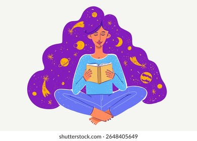 Jovem lendo um livro e tendo algumas fantasias, ilustração vetorial de uma menina com livro aberto em suas mãos, conceito de literatura de ficção, desenvolvimento pessoal.