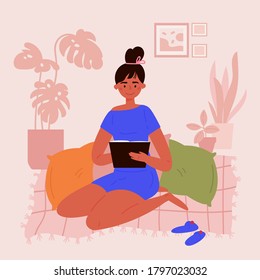 Young woman reading book in her room.Daily activities and fun.Home interior.Relax practices.Home education.Meditative pose.Vector flat style cartoon illustration.