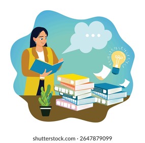 Jovem lendo um livro no tempo livre. Ler um livro com uma pilha de livros, bolhas de pensamento e ideias de lâmpadas.