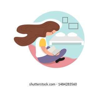 Young woman reading a book in here room. Flat vector illustration.