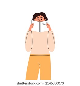 Young woman reading a book and hiding her face behind the book. Vector flat illustration isolated on white background