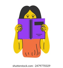 Young Woman Reading Book and Hiding behind it. Girl posing with novel. Reader Literature Fan Library Bookstore Exchange Crossing concept. Flat design. Vector illustration
