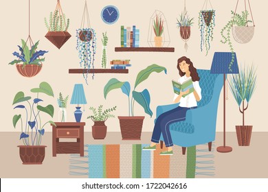 Young woman reading book at home on armchair. Stay at home concept. Happy girl relaxing with a book in room with plants growing in pots. Vector illustration in flat cartoon style.