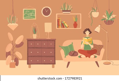 Young woman reading book at home on sofa. Stay at home vector illustration. Happy girl relaxing with a book in cozy living room. Literature hobby and happy lifestyle. E-learning and education.