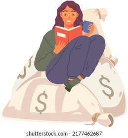 Young woman reading book. Leisure and education. Concept of relaxation with reading literature. Girl relaxing at home and drinking coffee, romantic dreams. Student reads textbook sits on money bags