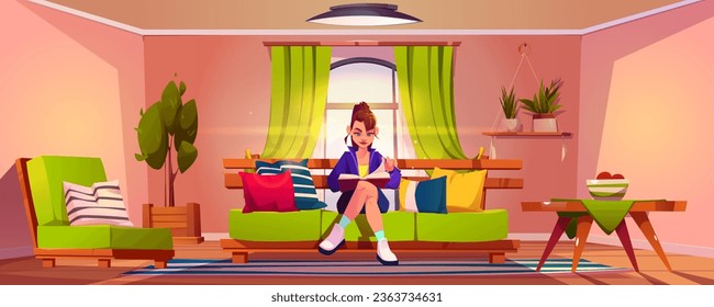 Young woman reading book in living room. Vector cartoon illustration of female character having rest on couch, green armchair and striped carpet on floor, curtains on window, flower pots on shelf