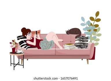 Young Woman Is Reading Book, Lying On Sofa With Her Cat. Funny Girl Spending Time With Her Pet. Cute Lady Relaxing At Home. Book Lovers, Readers, Literature Fans. Flat Cartoon Vector Illustration