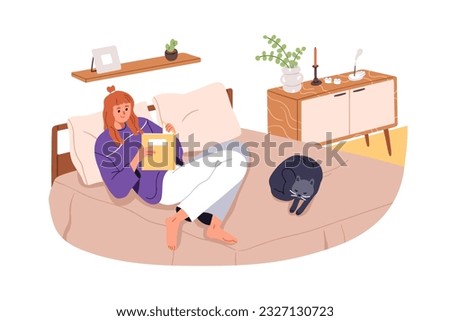 Young woman reading book, lying in cozy bed at home bedroom. Happy girl reader relaxing, resting with cat and novel at leisure time. Flat graphic vector illustration isolated on white background