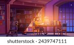 Young woman reading book and making research in public library at night. Cartoon vector female student in dark bookstore room interior with light from lamp on wooden table with stack of literature.