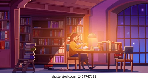 Young woman reading book and making research in public library at night. Cartoon vector female student in dark bookstore room interior with light from lamp on wooden table with stack of literature.