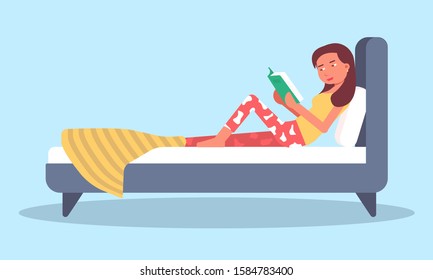 Young woman reading book novel collection before going to sleep. Girl lying on bed. Bedtime stories. Female student character preparing to exam repeats studied material. Vector flat illustration