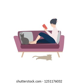 Young woman reading book on sofa among cats flat icon. Resting, home, relaxation. Leisure concept. Vector illustration can be used for topics like domestic life, hobby, break