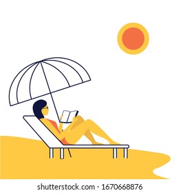 Young woman reading book on the beach. Summer holidays. Traveling Relaxation concept.