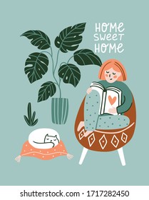 Young woman reading book chair at home   sleeping cat  Flat style vector illustration  Cute poster and text    Home sweet home 