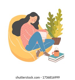 Young woman reading book on bean bag with cup of coffee and house plants. Concept of distance studying and self education. People at home in quarantine. Vector flat style illustration.