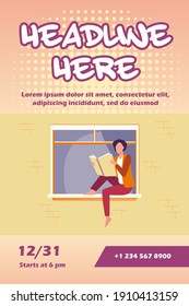 Young woman reading book on windowsill. Girl enjoying novel, student doing home task flat vector illustration. Knowledge, literature, reader concept for banner, website design or landing web page