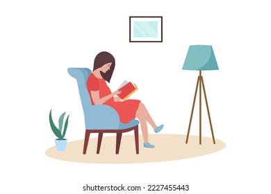 Young woman reading a book on a chair at home. The concept of returning home, rest and comfort. Isolated Vector Illustration