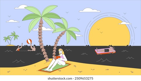 Young woman reading book on sea beach flat illustration. Adults spending happy time at exotic resort 2D characters cartoon background. Summer vacation activities scene vector storytelling image