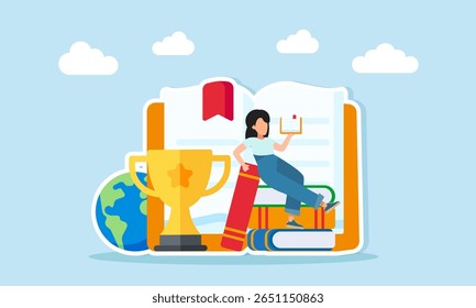 Young woman reading a book on a stack of books beside an open book a trophy and a globe illustration of the importance of insight and literacy