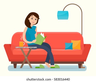 Young woman reading book on sofa at home. Flat style vector illustration.