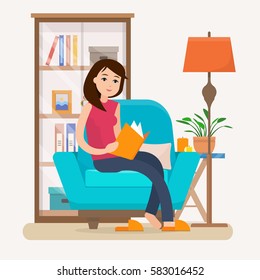 Young Woman Reading Book On Chair At Home. Flat Style Vector Illustration.