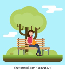 Young woman reading book on bench in park. Flat style vector illustration.